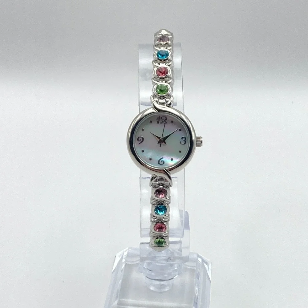 Modern Womens Watch 22mm Silver Tone Rainbow Crystals MOP Dial New Battery 6.75